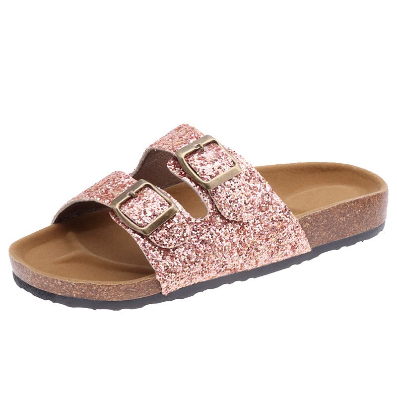 Sandals for women and ladies 2023 New Summer Trend Shiny Women's Double Button One Word Drag Cork slides Slipper Sandals