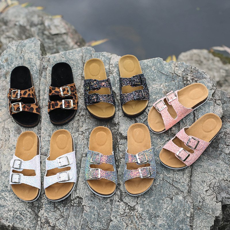 Sandals for women and ladies 2023 New Summer Trend Shiny Women's Double Button One Word Drag Cork slides Slipper Sandals