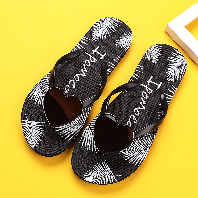 High Quality Anti-Slippery Black Brown Love Decoration Beach Bathing Flip Flops Women Flat Sandals Womens Slippers