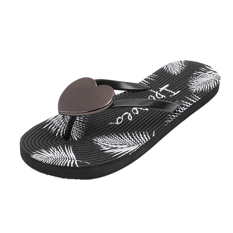 High Quality Anti-Slippery Black Brown Love Decoration Beach Bathing Flip Flops Women Flat Sandals Womens Slippers