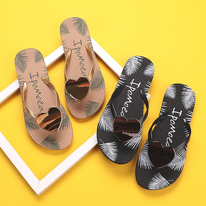 High Quality Anti-Slippery Black Brown Love Decoration Beach Bathing Flip Flops Women Flat Sandals Womens Slippers