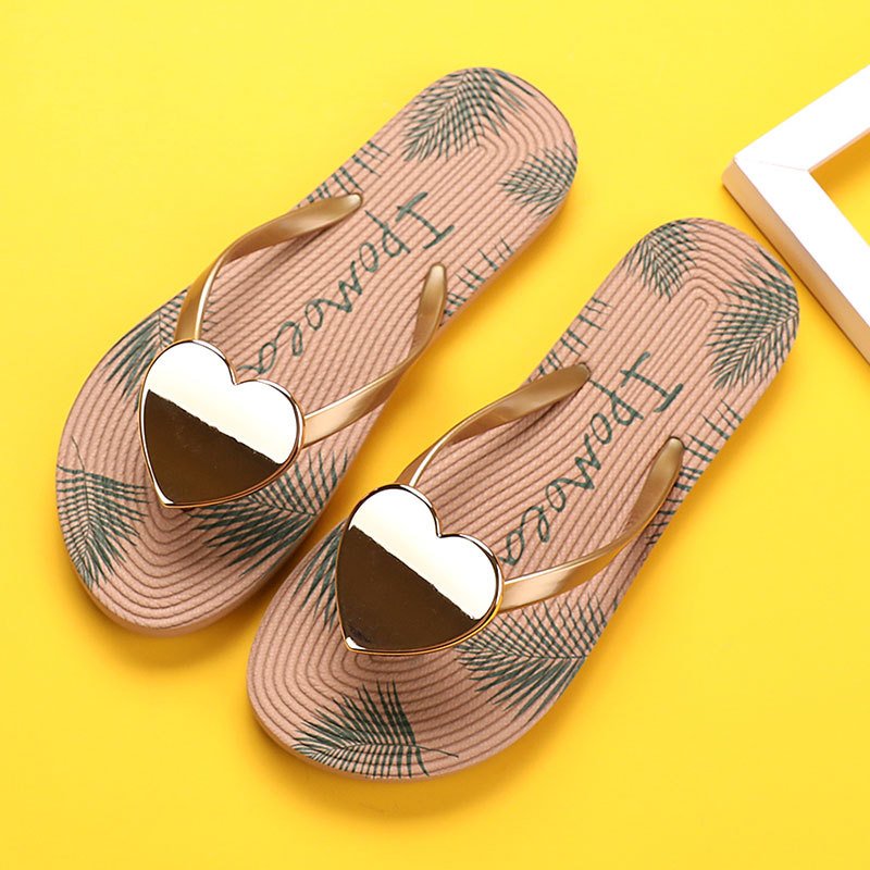 High Quality Anti-Slippery Black Brown Love Decoration Beach Bathing Flip Flops Women Flat Sandals Womens Slippers