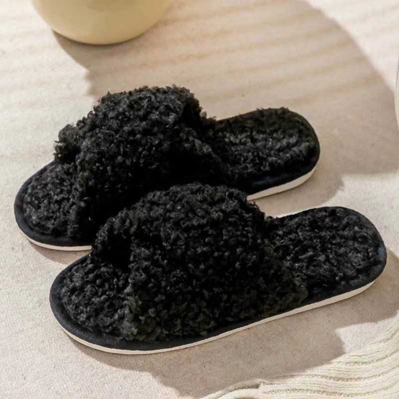 Hot Sale Soft and Cozy Fur Women's Home Slippers Cross Non-slip Slides Slippers Indoor Outdoor open toe Cross band Teddy