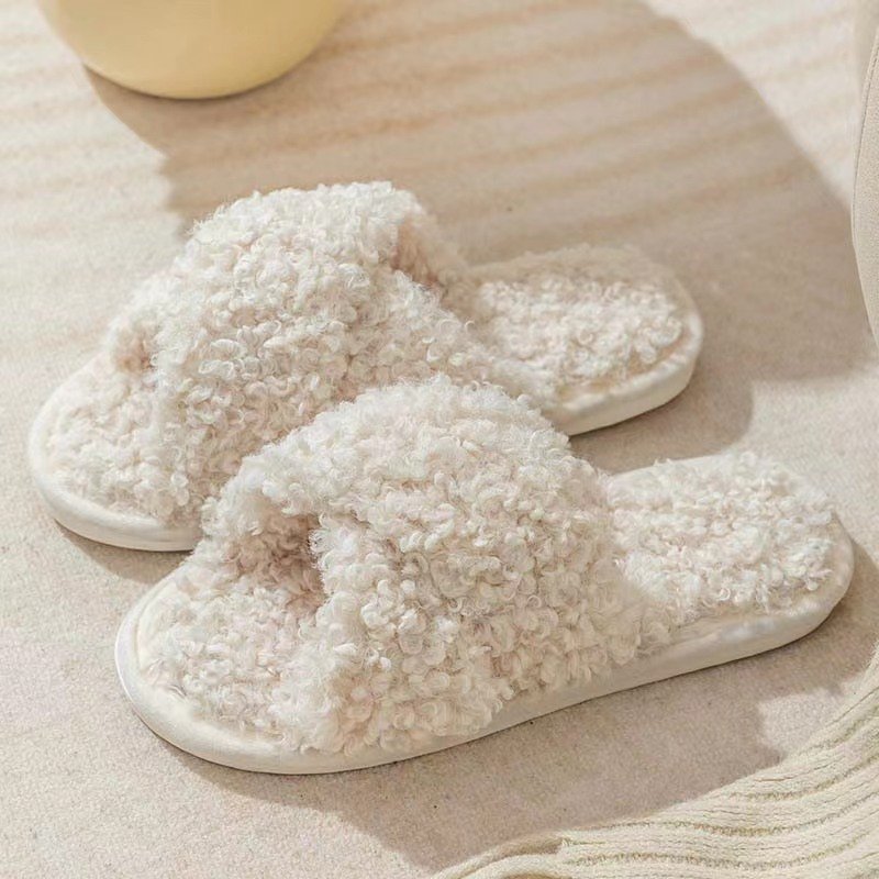 Hot Sale Soft and Cozy Fur Women's Home Slippers Cross Non-slip Slides Slippers Indoor Outdoor open toe Cross band Teddy