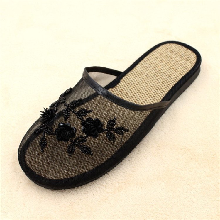 Popular new style beautiful breathable flat mesh beads shoes blue chinese slipper