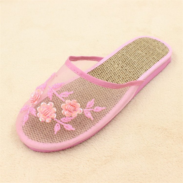 Popular new style beautiful breathable flat mesh beads shoes blue chinese slipper