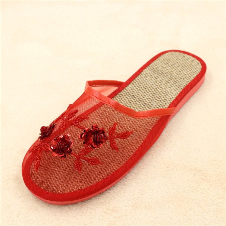 Popular new style beautiful breathable flat mesh beads shoes blue chinese slipper