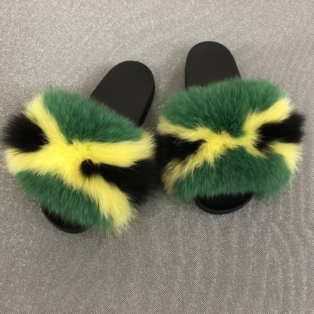 Wholesale Indoor outdoor Real fox Fur Slides Sandals Slippers for women