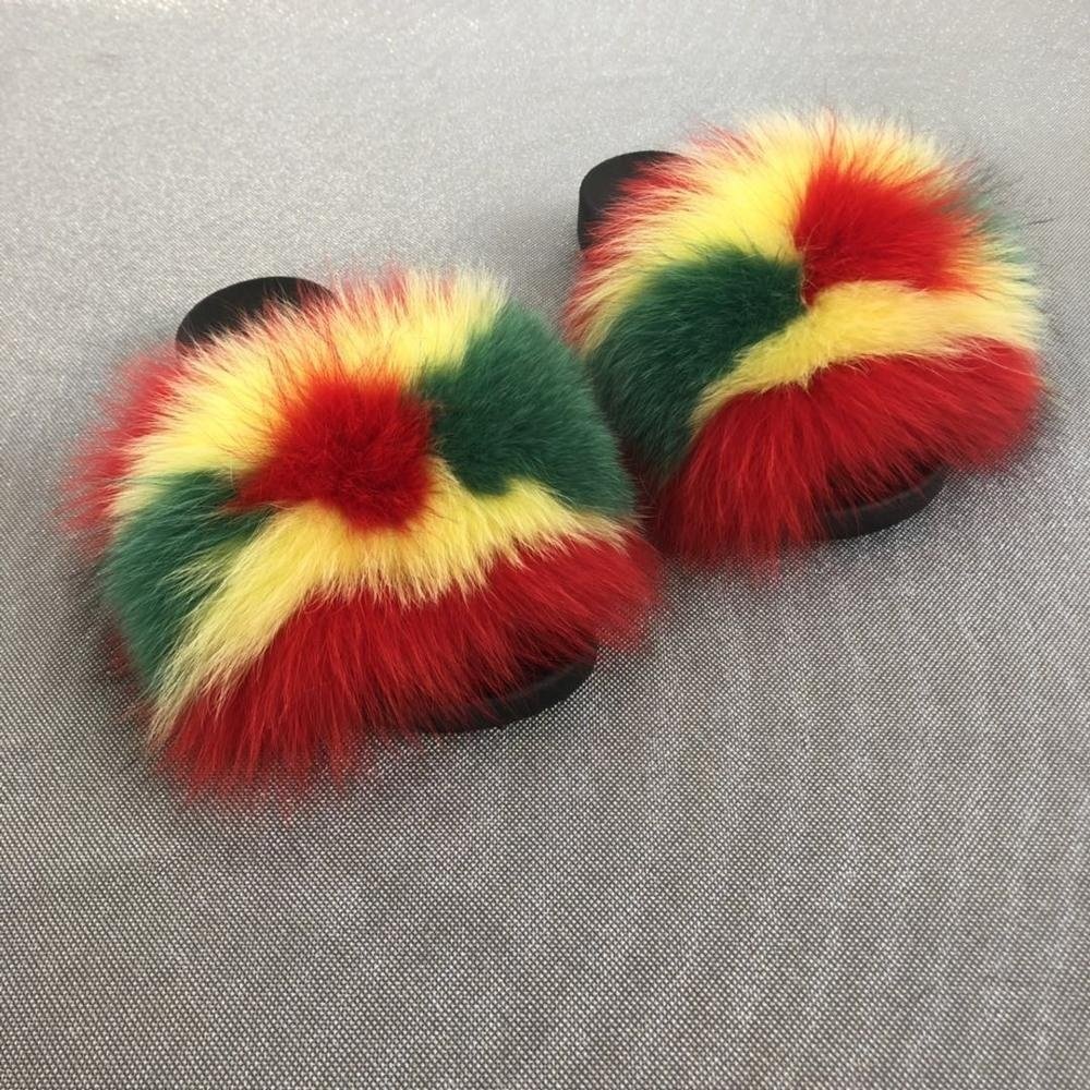 Wholesale Indoor outdoor Real fox Fur Slides Sandals Slippers for women