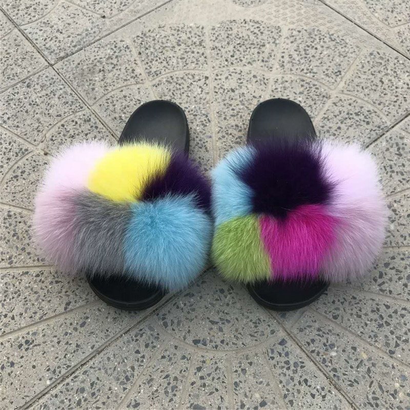 Wholesale Indoor outdoor Real fox Fur Slides Sandals Slippers for women
