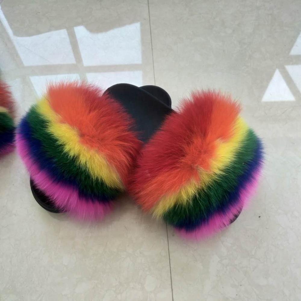 Wholesale Indoor outdoor Real fox Fur Slides Sandals Slippers for women