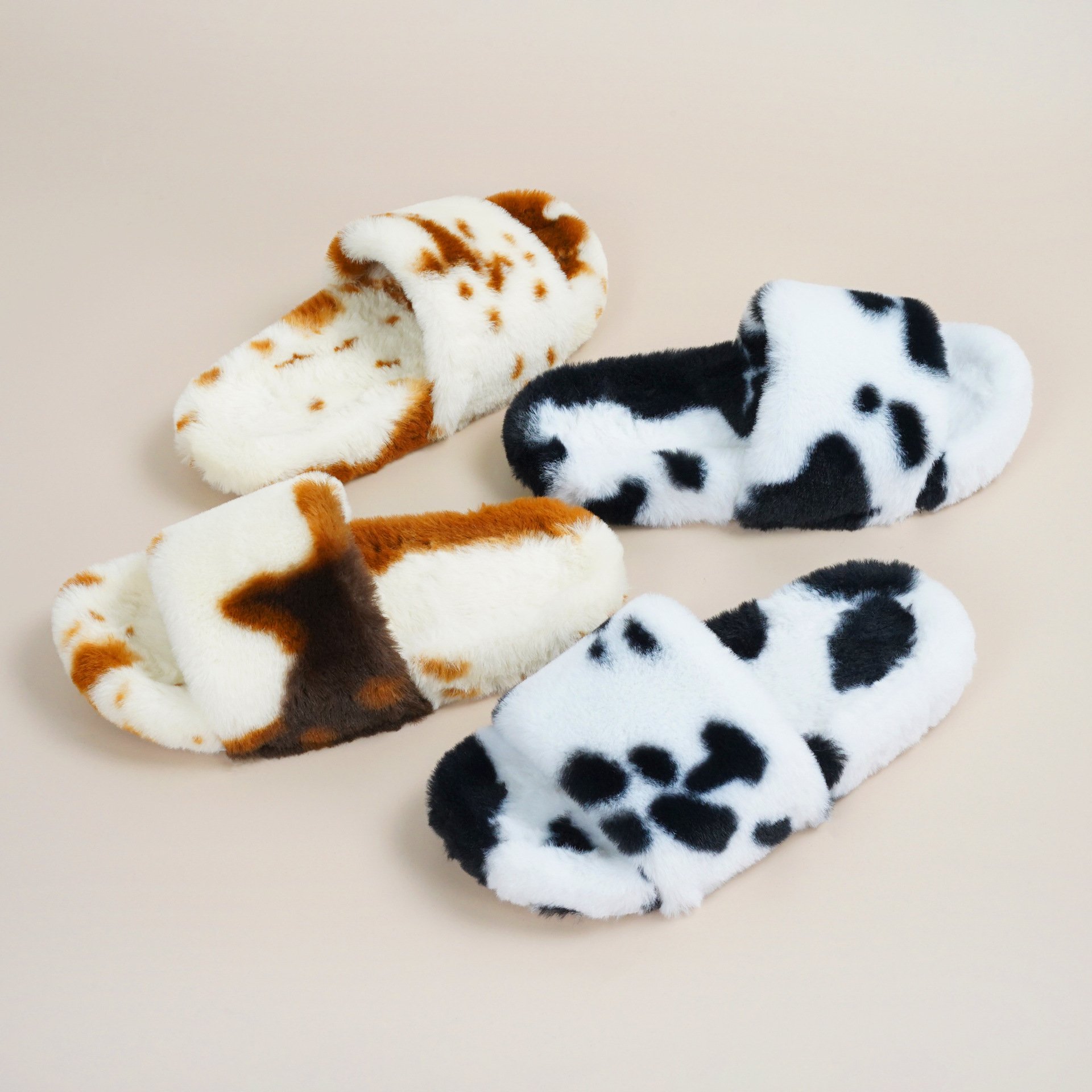 2024 Fashion Cow Print Hot Sale Women Soft Fluffy Fur Sandals Comfortable Fur Slides Slippers