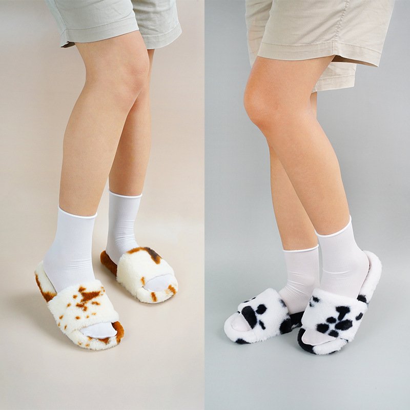 2024 Fashion Cow Print Hot Sale Women Soft Fluffy Fur Sandals Comfortable Fur Slides Slippers