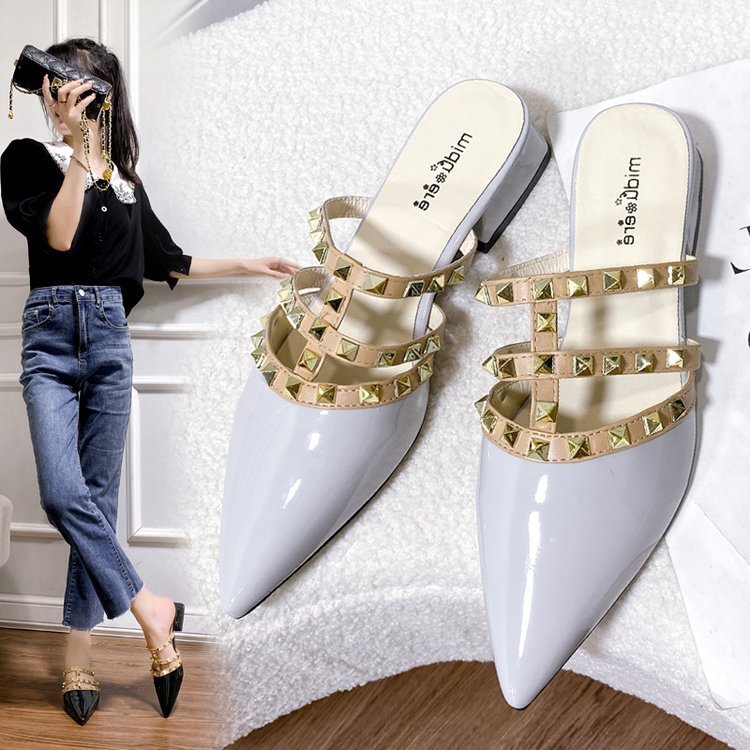 Women's Summer Fashion All-Match Korean Version Rivet Metal Rivet Pointed Toe Slides Slipper