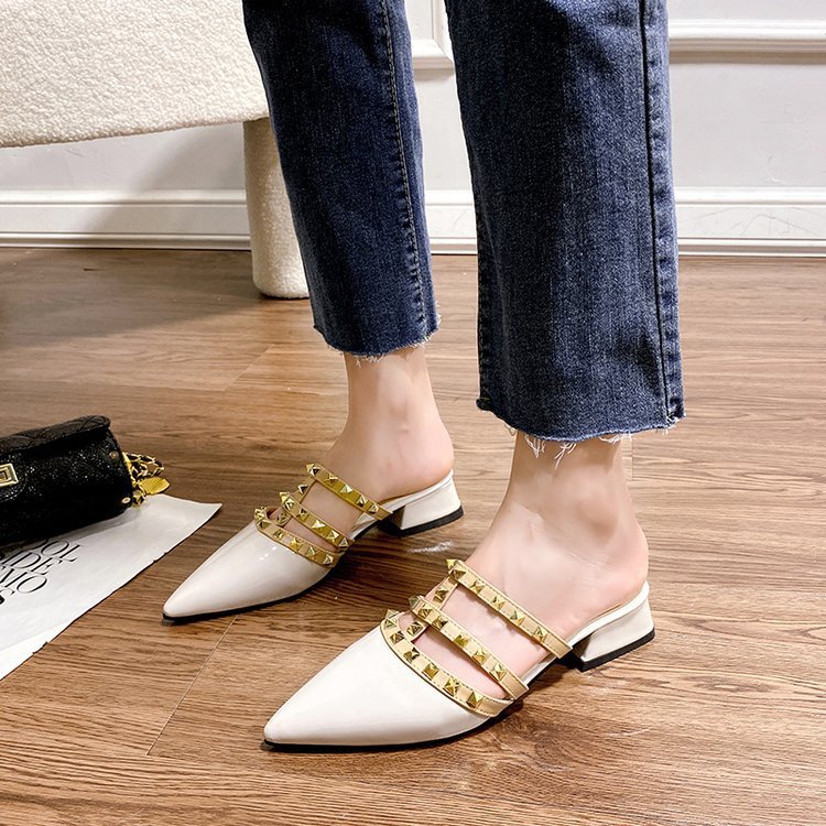 Women's Summer Fashion All-Match Korean Version Rivet Metal Rivet Pointed Toe Slides Slipper