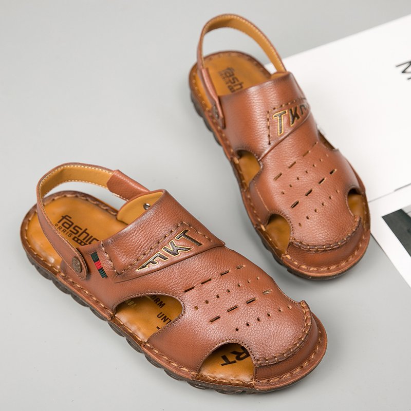 Men's Sandals Outdoor walking hiking Beach Shoes fisherman Slip On Low-top Slides Slippers Summer Closed-toe Leather Breathable