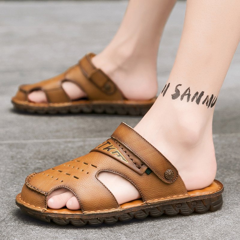 Men's Sandals Outdoor walking hiking Beach Shoes fisherman Slip On Low-top Slides Slippers Summer Closed-toe Leather Breathable