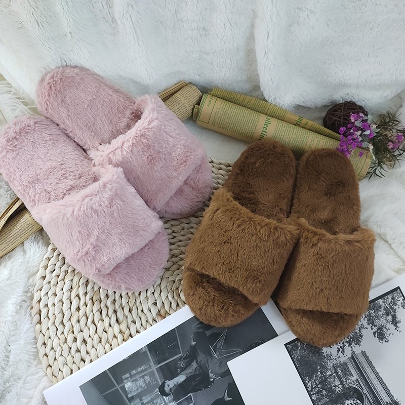 Women's Fuzzy House Slippers Comfy Faux Fur Slip On Fluffy Plush Open Toe Home Slides Slippers