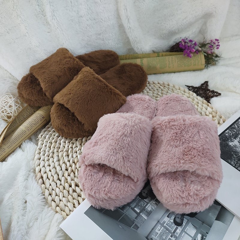 Women's Fuzzy House Slippers Comfy Faux Fur Slip On Fluffy Plush Open Toe Home Slides Slippers