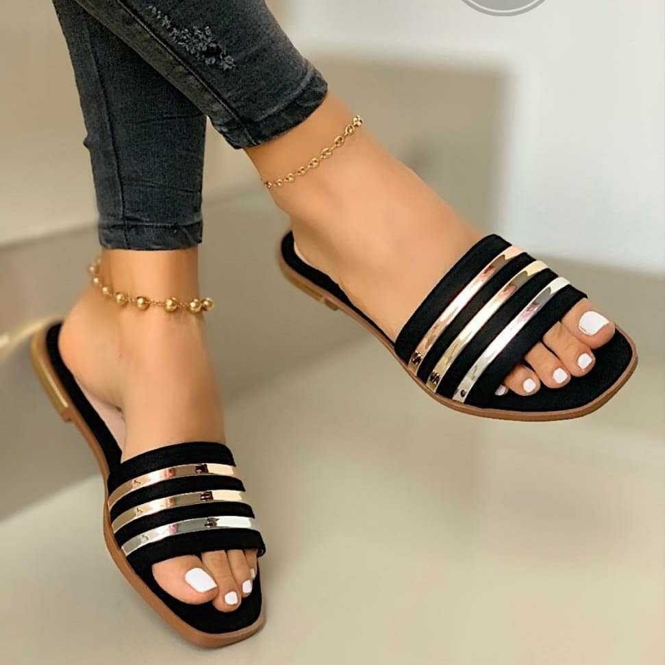Pure Color Stripe Slide Slippers For Woman Flat Ladies Slipper Slides Plus-size Slides Slippers Custom