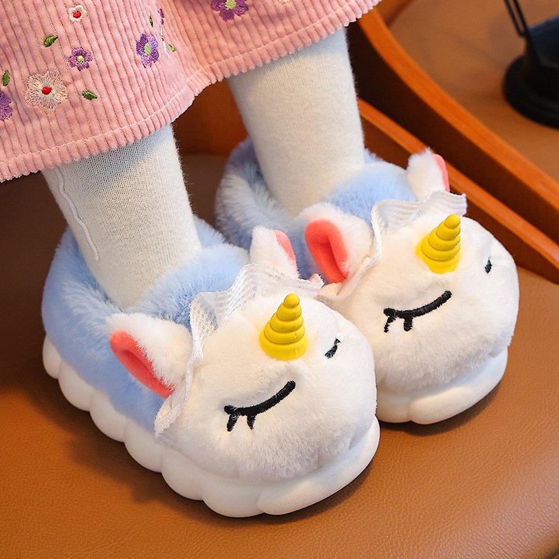 Custom Winter Soft kids fluffy unicorn indoor warm plush slippers for kids Cartoon unicorn kids winter slippers for girls