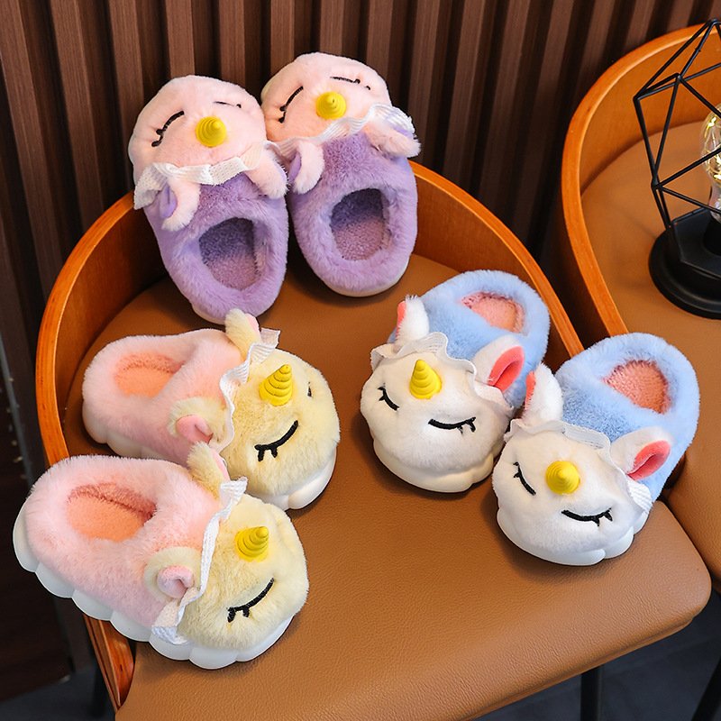 Custom Winter Soft kids fluffy unicorn indoor warm plush slippers for kids Cartoon unicorn kids winter slippers for girls