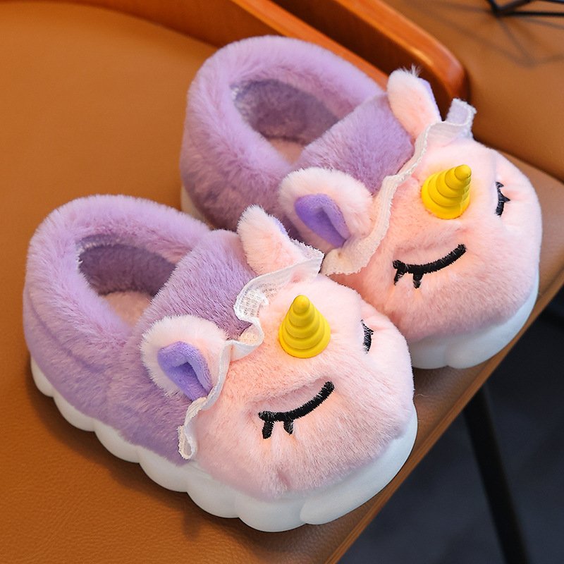 Custom Winter Soft kids fluffy unicorn indoor warm plush slippers for kids Cartoon unicorn kids winter slippers for girls