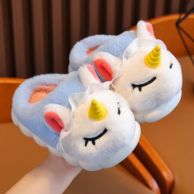 Custom Winter Soft kids fluffy unicorn indoor warm plush slippers for kids Cartoon unicorn kids winter slippers for girls
