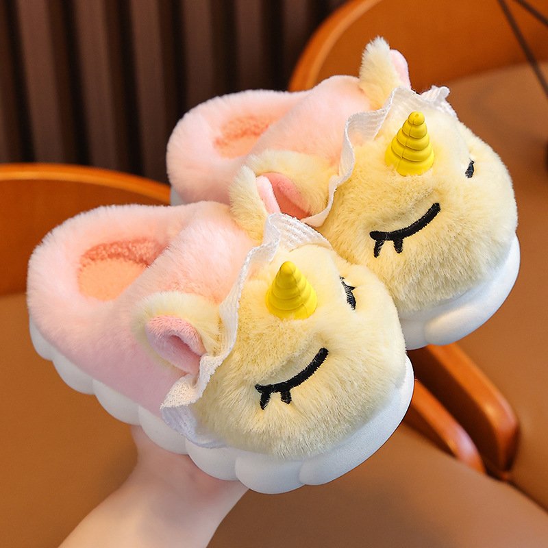 Custom Winter Soft kids fluffy unicorn indoor warm plush slippers for kids Cartoon unicorn kids winter slippers for girls