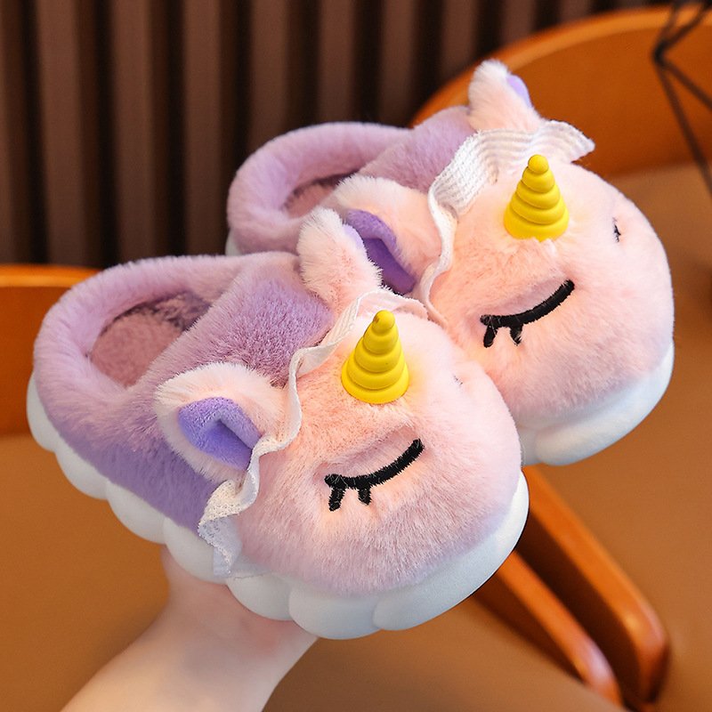 Custom Winter Soft kids fluffy unicorn indoor warm plush slippers for kids Cartoon unicorn kids winter slippers for girls