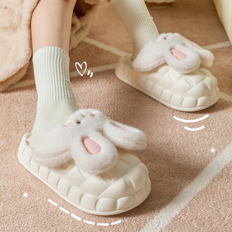 Cartoon lovely rabbit plush slippers EVA waterproof shell winter home ladies non-slip removable easy to clean cotton slippers
