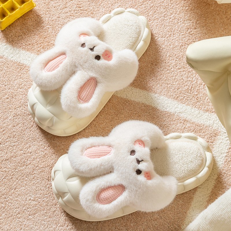 Cartoon lovely rabbit plush slippers EVA waterproof shell winter home ladies non-slip removable easy to clean cotton slippers