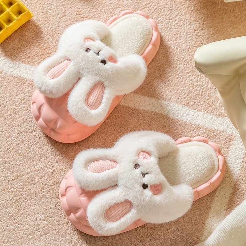 Cartoon lovely rabbit plush slippers EVA waterproof shell winter home ladies non-slip removable easy to clean cotton slippers