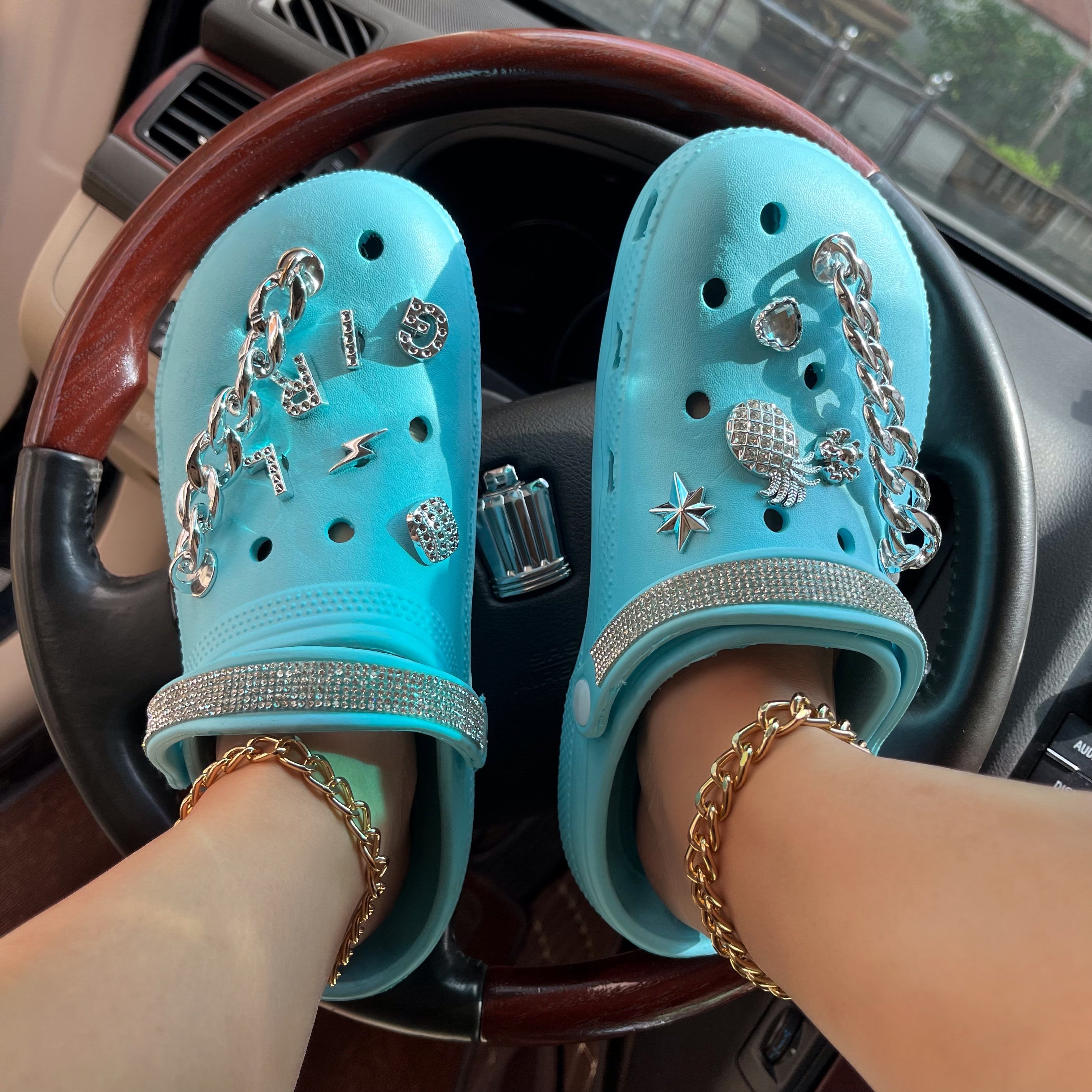 Summer large size hole shoes diamond with accessories glitter women diamond shoes sandals and slippers