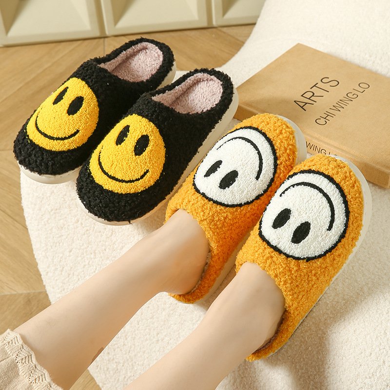 Dropshipping Ladies' Winter Cute Fluffy Heart Happy Face Slippers Custom Embroidered round Toe House Shoes with Cotton Insole