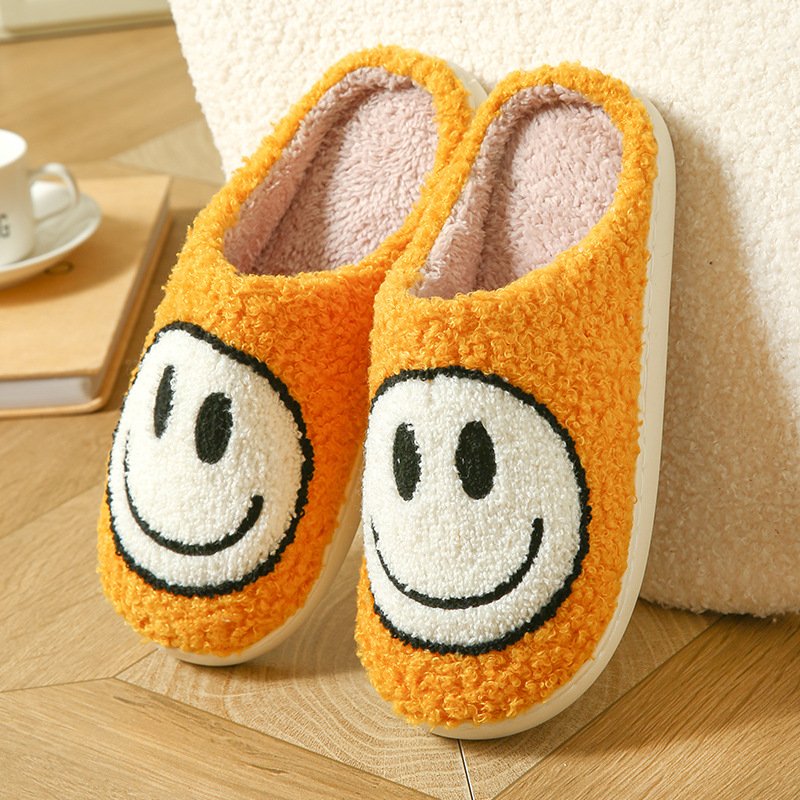 Dropshipping Ladies' Winter Cute Fluffy Heart Happy Face Slippers Custom Embroidered round Toe House Shoes with Cotton Insole