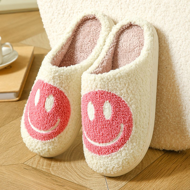 Dropshipping Ladies' Winter Cute Fluffy Heart Happy Face Slippers Custom Embroidered round Toe House Shoes with Cotton Insole