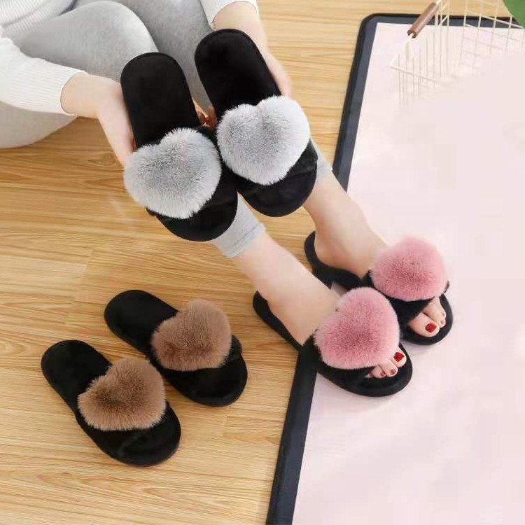 custom logo slide sandals heart fur Cheap wholesale shoes women lady flat ladies sandals slippers