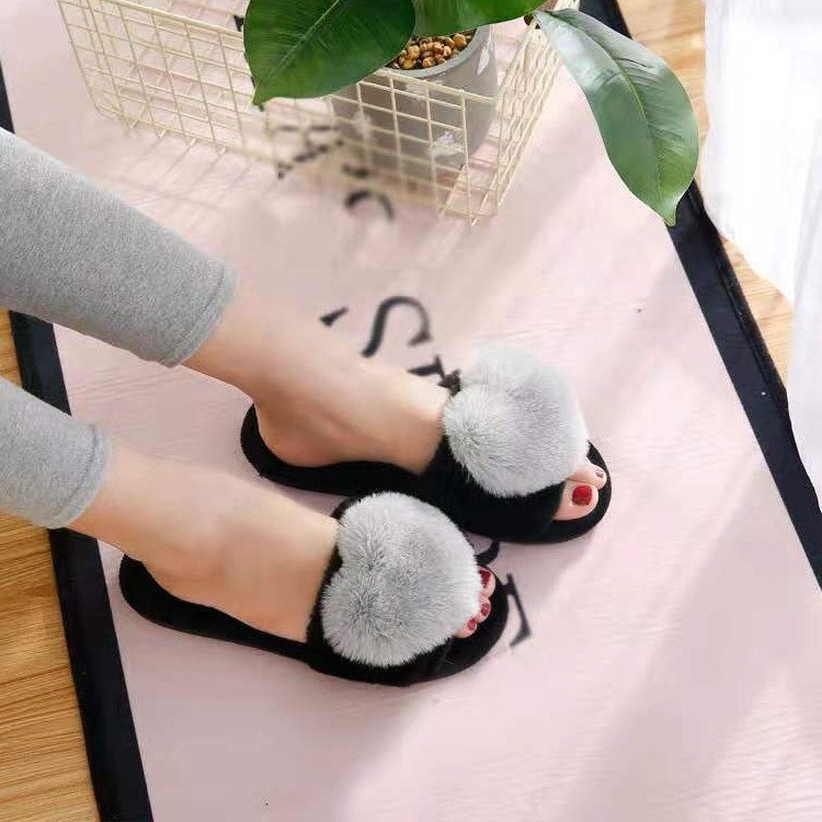 custom logo slide sandals heart fur Cheap wholesale shoes women lady flat ladies sandals slippers