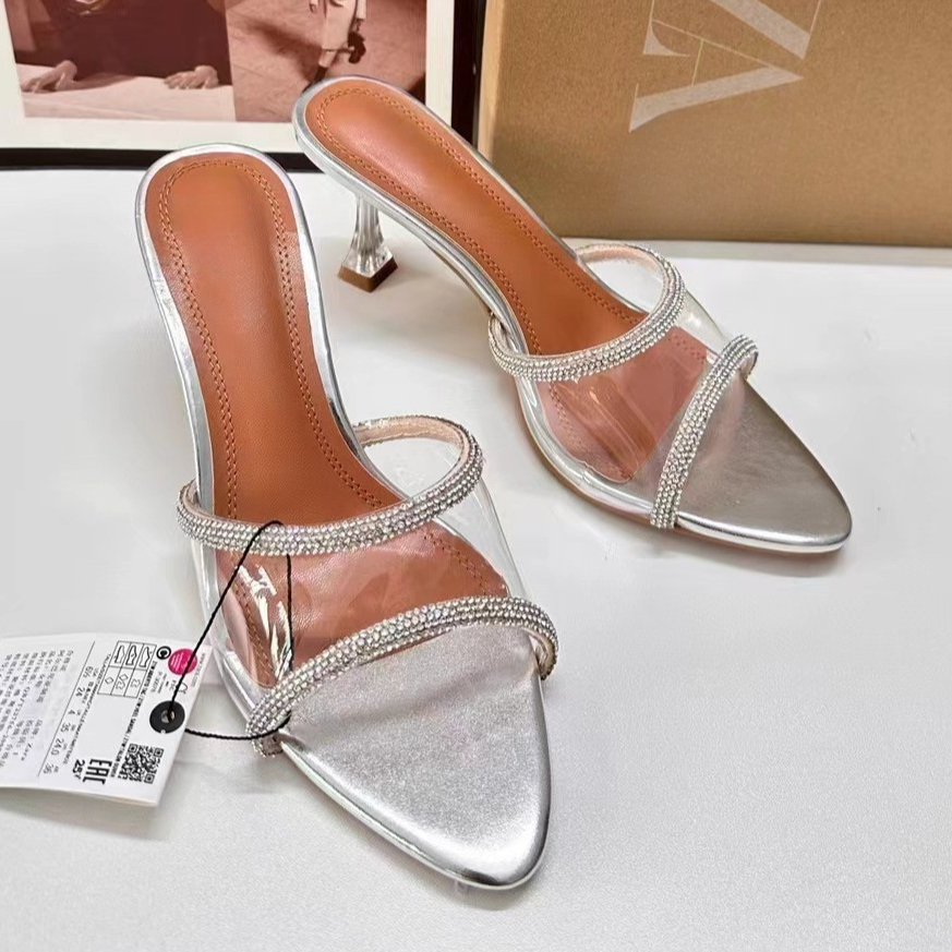 Large Size 42 Famous ZA Shoes Transparent PVC Designer Slides Slippers for Women 2024 Summer Pointed Toe Rhinestone Sandals