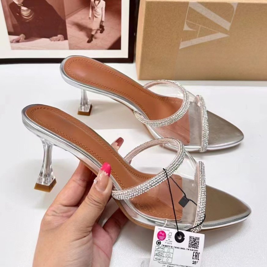 Large Size 42 Famous ZA Shoes Transparent PVC Designer Slides Slippers for Women 2024 Summer Pointed Toe Rhinestone Sandals