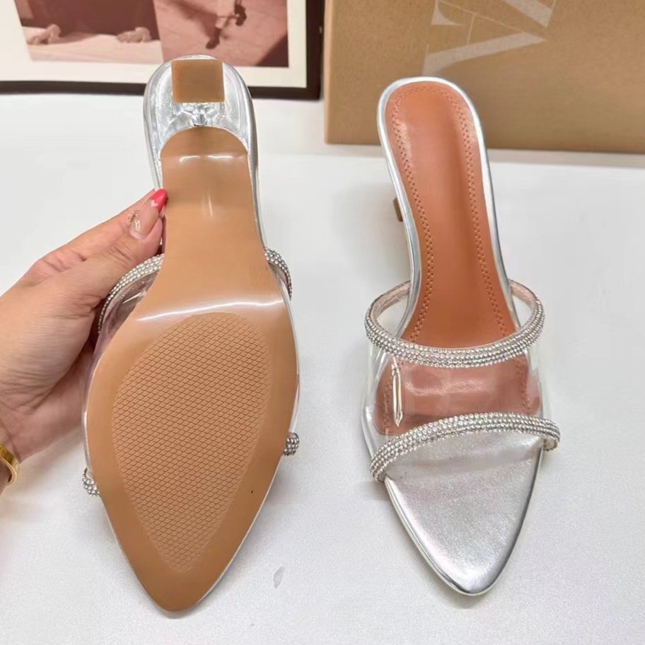 Large Size 42 Famous ZA Shoes Transparent PVC Designer Slides Slippers for Women 2024 Summer Pointed Toe Rhinestone Sandals