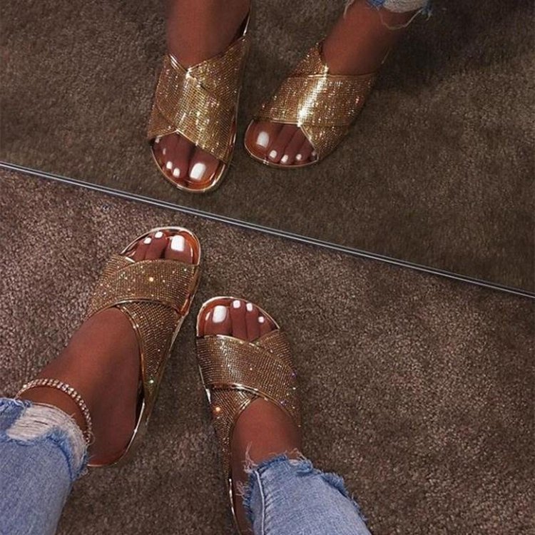 New Popular Diamond Womens flat soled Slides outdoor pu cross Sandals Bling Rhinestone Cheap Shoes causal Slippers For Ladies
