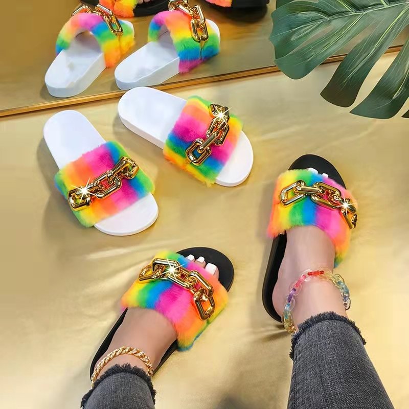 Wholesale natural flip flop faux fur slides slippers