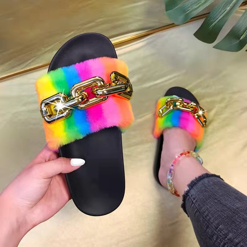 Wholesale natural flip flop faux fur slides slippers