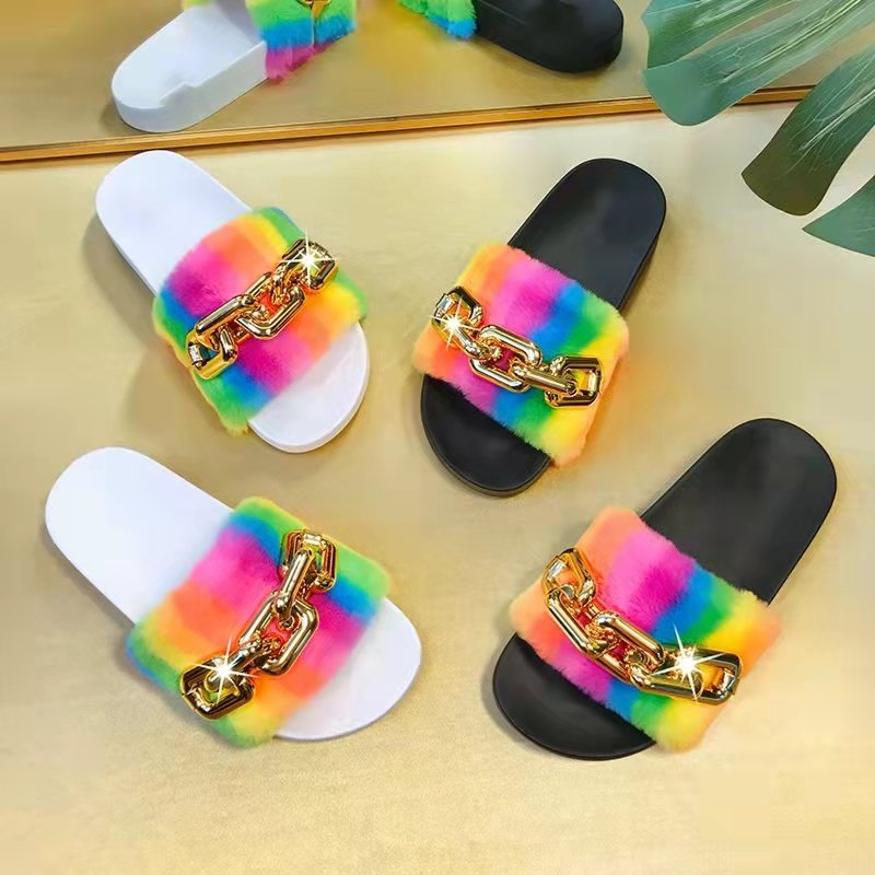 Wholesale natural flip flop faux fur slides slippers