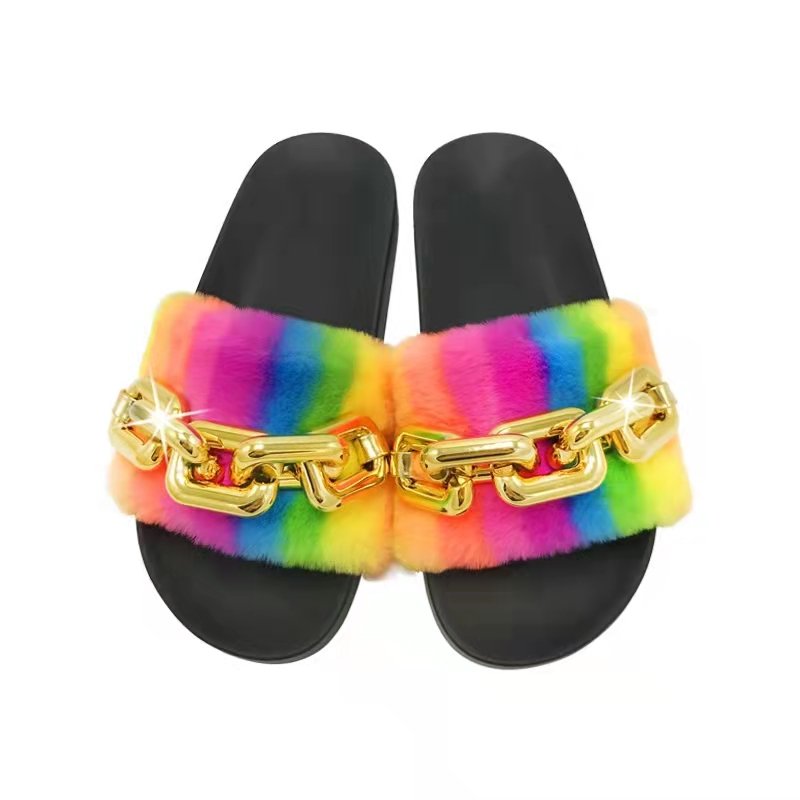 Wholesale natural flip flop faux fur slides slippers