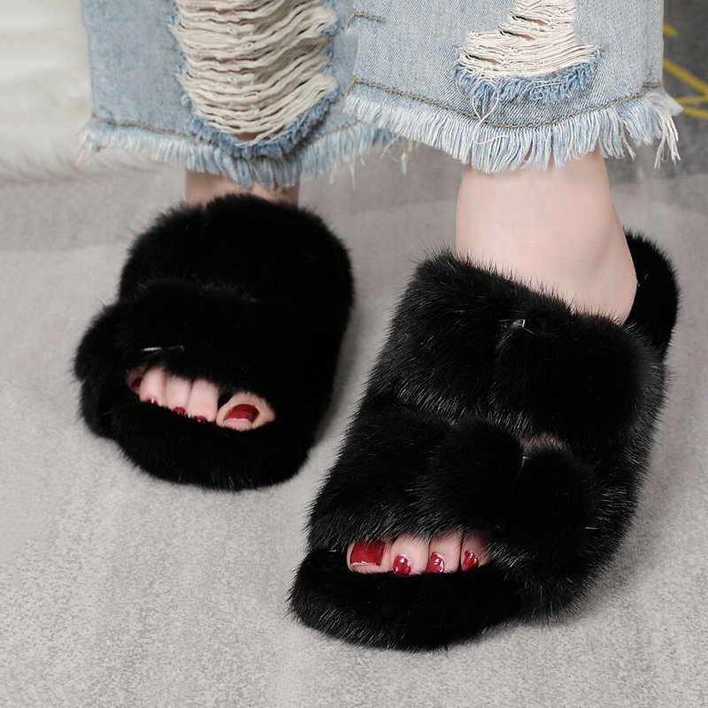Custom Luxury Designer Slippers Women Flat Shoes Fluffy Slippers For Women Luxury Real Fur Slides