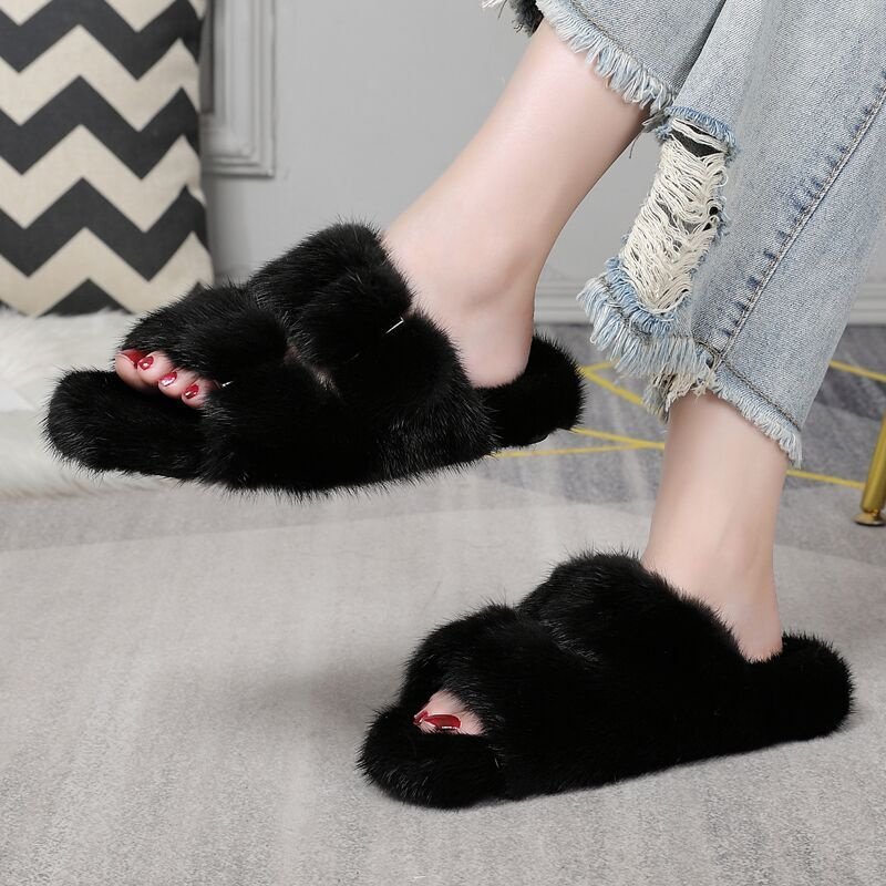 Custom Luxury Designer Slippers Women Flat Shoes Fluffy Slippers For Women Luxury Real Fur Slides