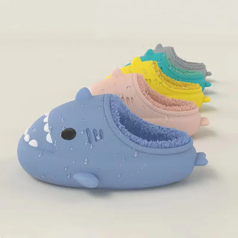 2023 Cartoon Shark Cotton Fur Inside Warmth Shoes Winter Toddler Plush Shark House Slipper